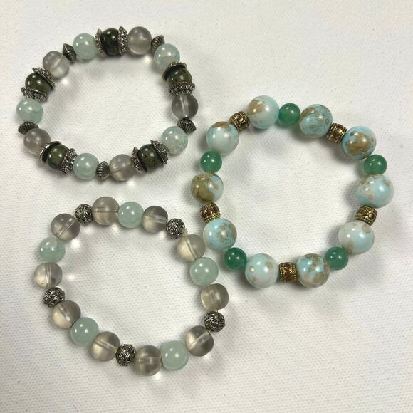 Handmade Beaded Bracelet Trio Earthy Color Theme  Mixed Metal Beads Browns Blues - Picture 3 of 6